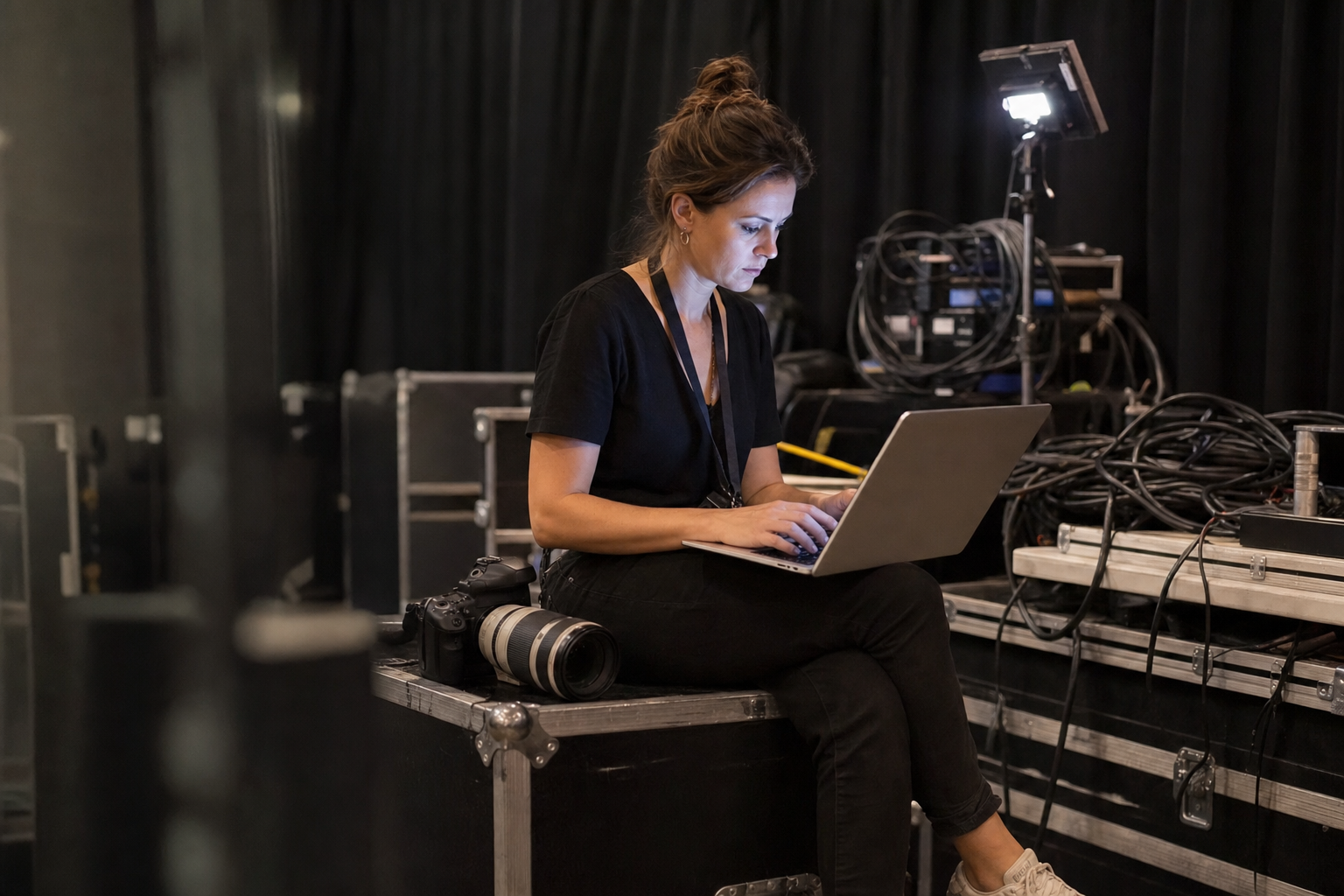 Fotografa che rivede gli scatti su laptop dietro le quinte di una conferenza