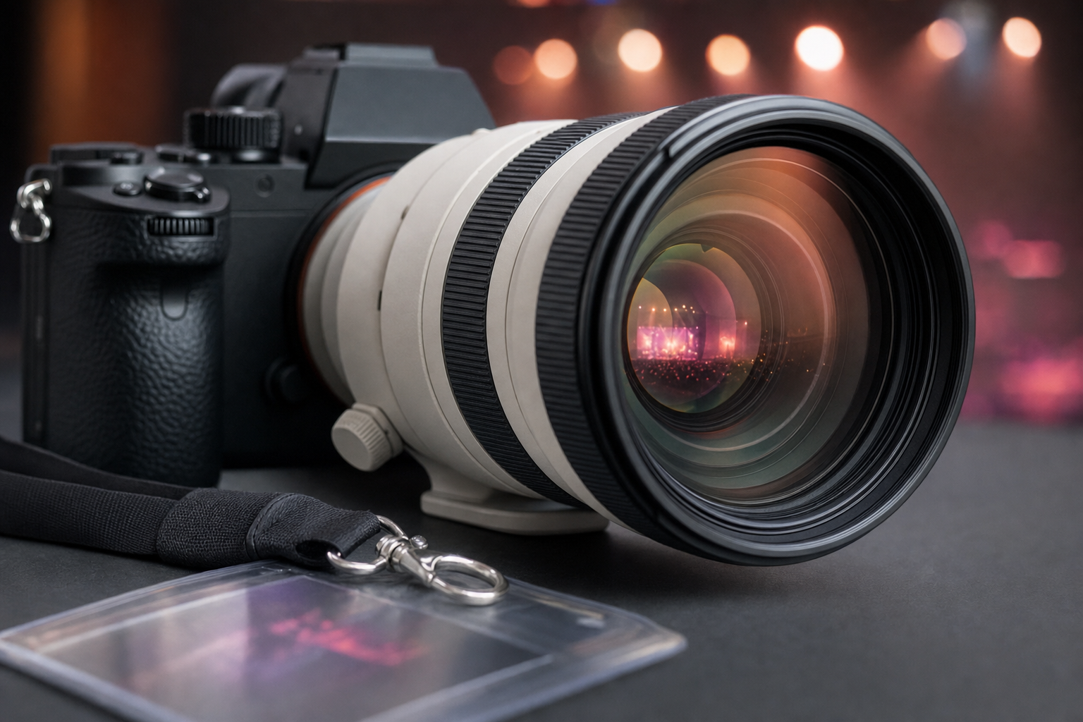 Primo piano di una fotocamera professionale con teleobiettivo