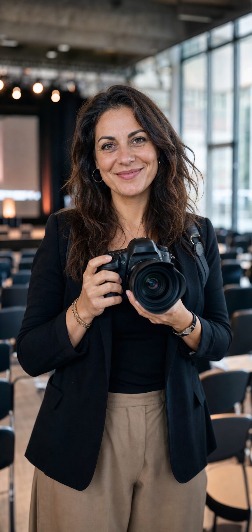 Ritratto di Chiara Farina, fotografa di eventi e conferenze a Torino, con la sua fotocamera professionale