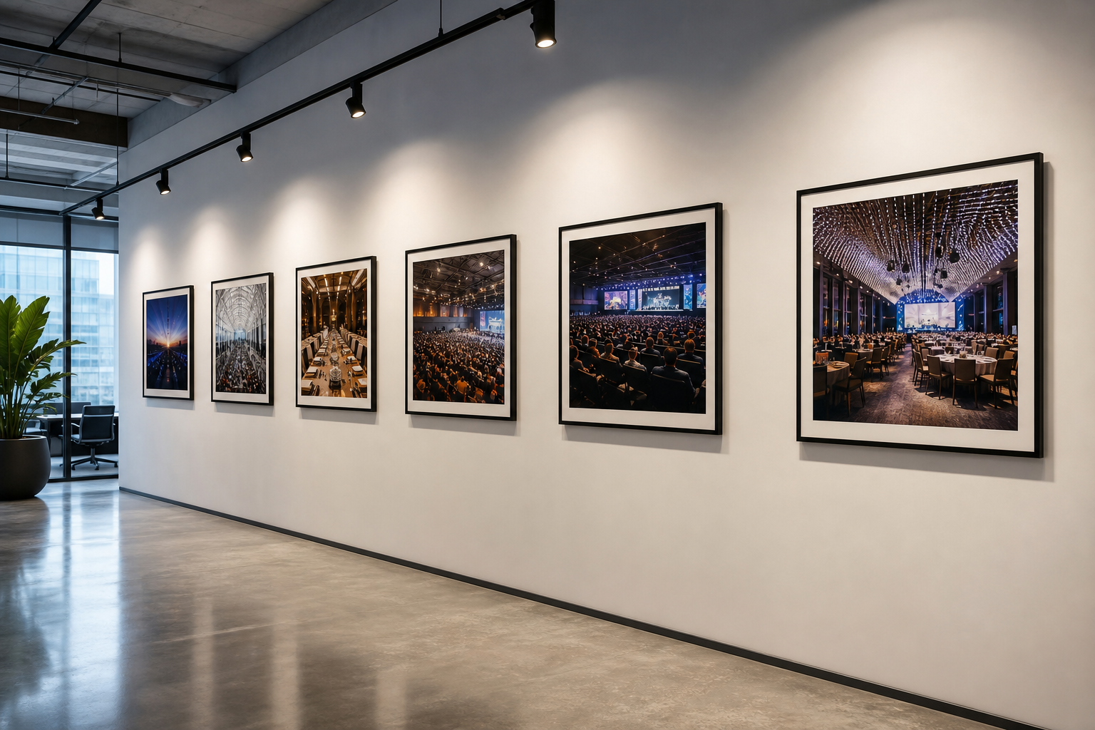 Parete espositiva con stampe fotografiche incorniciate di eventi