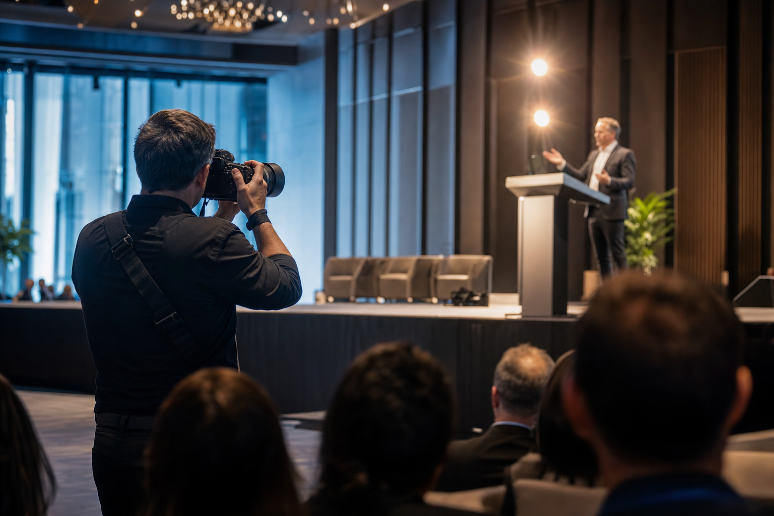 Fotografa che riprende un relatore sul palco durante una conferenza aziendale a Torino