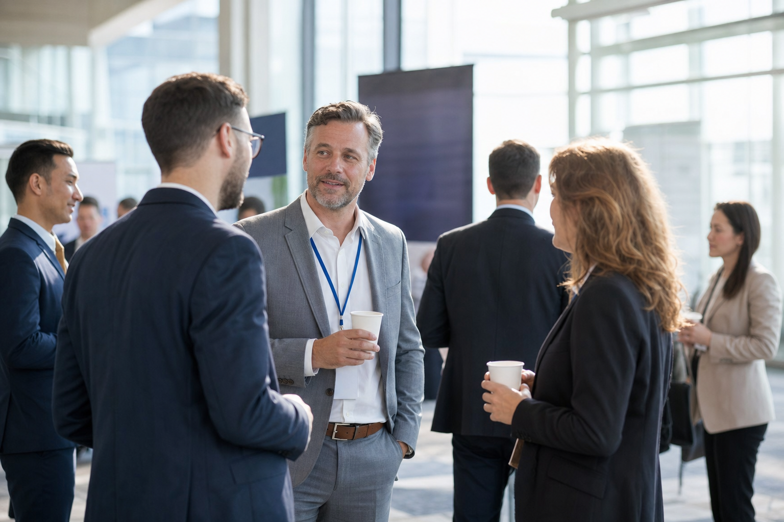 Partecipanti a una conferenza che fanno networking durante la pausa caffè